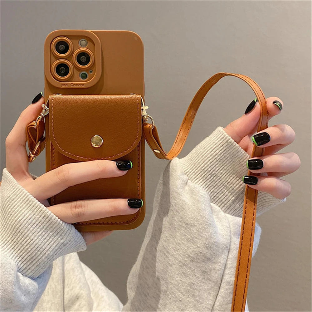 Wallet Leather Crossbody Neckband Lanyard Phone Case for iPhone 16 11 15 13 Pro Max X XS XR 7 8 Plus SE Luxury Card Holder Cover