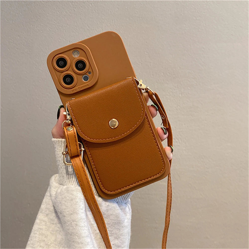 Wallet Leather Crossbody Neckband Lanyard Phone Case for iPhone 16 11 15 13 Pro Max X XS XR 7 8 Plus SE Luxury Card Holder Cover